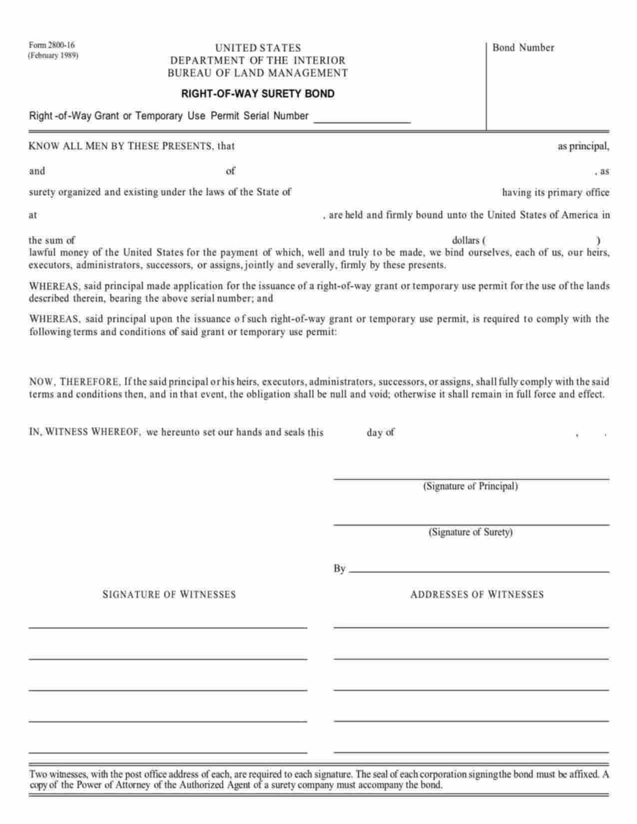 Federal Right-of-Way Grant or Temporary Use Permit Bond Form