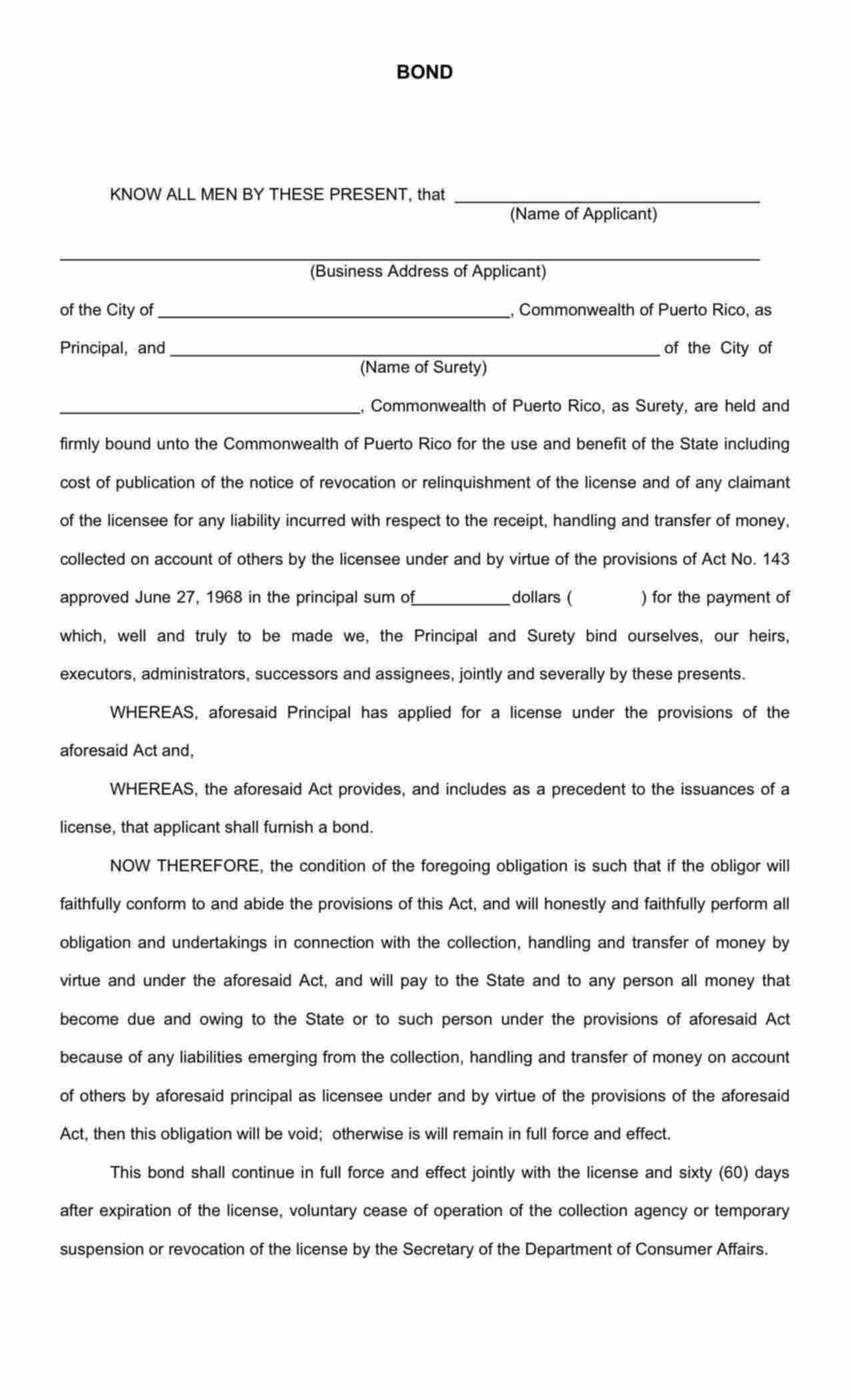 Federal Collection Agency Bond Form