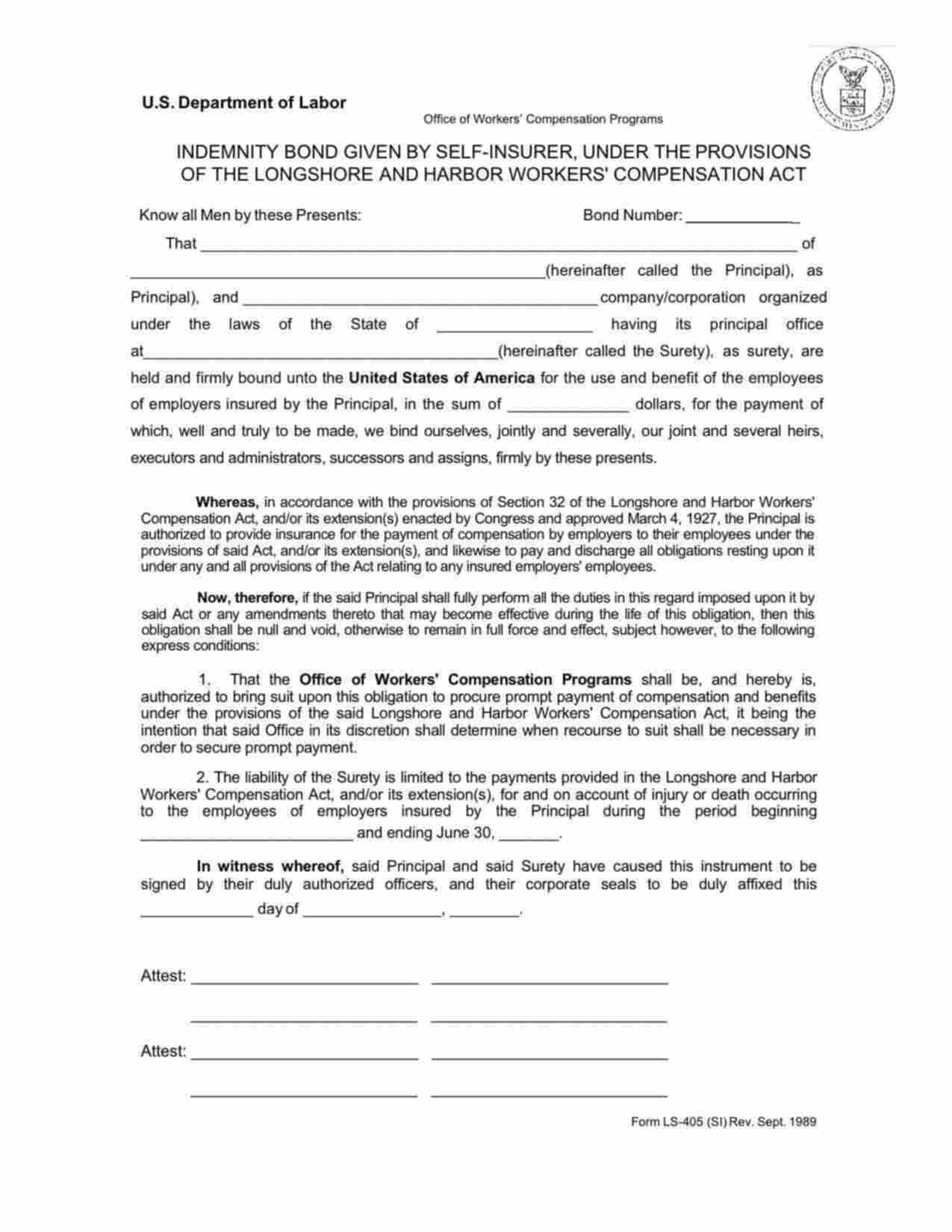 Federal Self-Insurer of the Longshore and Harbor Workers' Compensation Act Bond Form