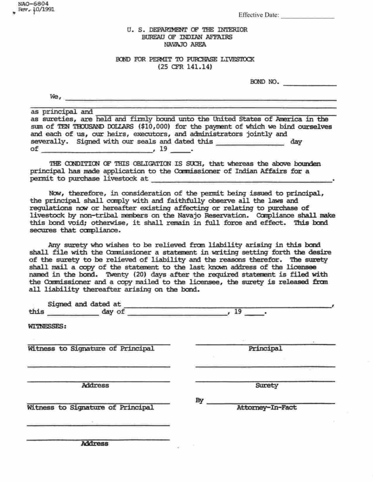Federal Permit to Purchase Livestock Bond Form