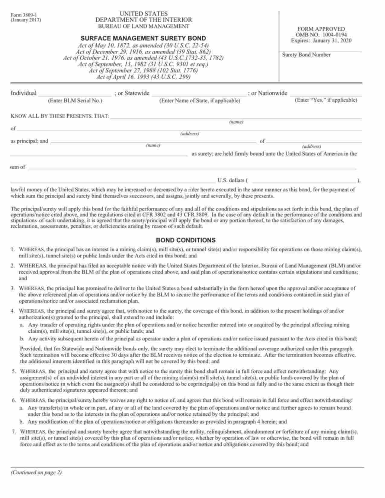 Federal Surface Management Bond Form