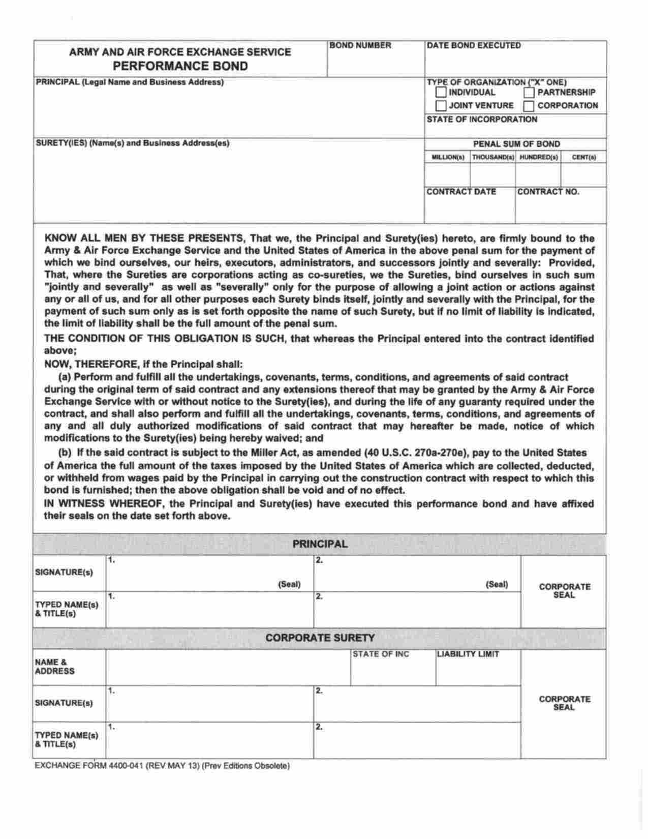 Federal U.S. Army and Air Force Exchange Service Performance Bond Form