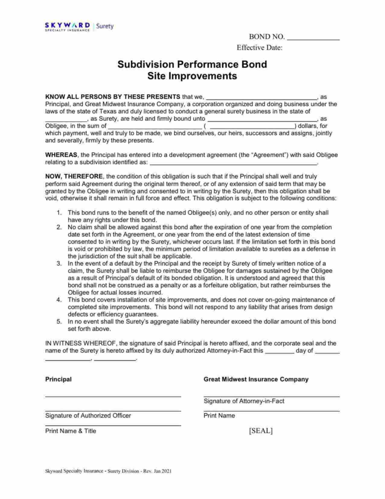 Indiana Subdivision, Site Improvement or Development Bond Form