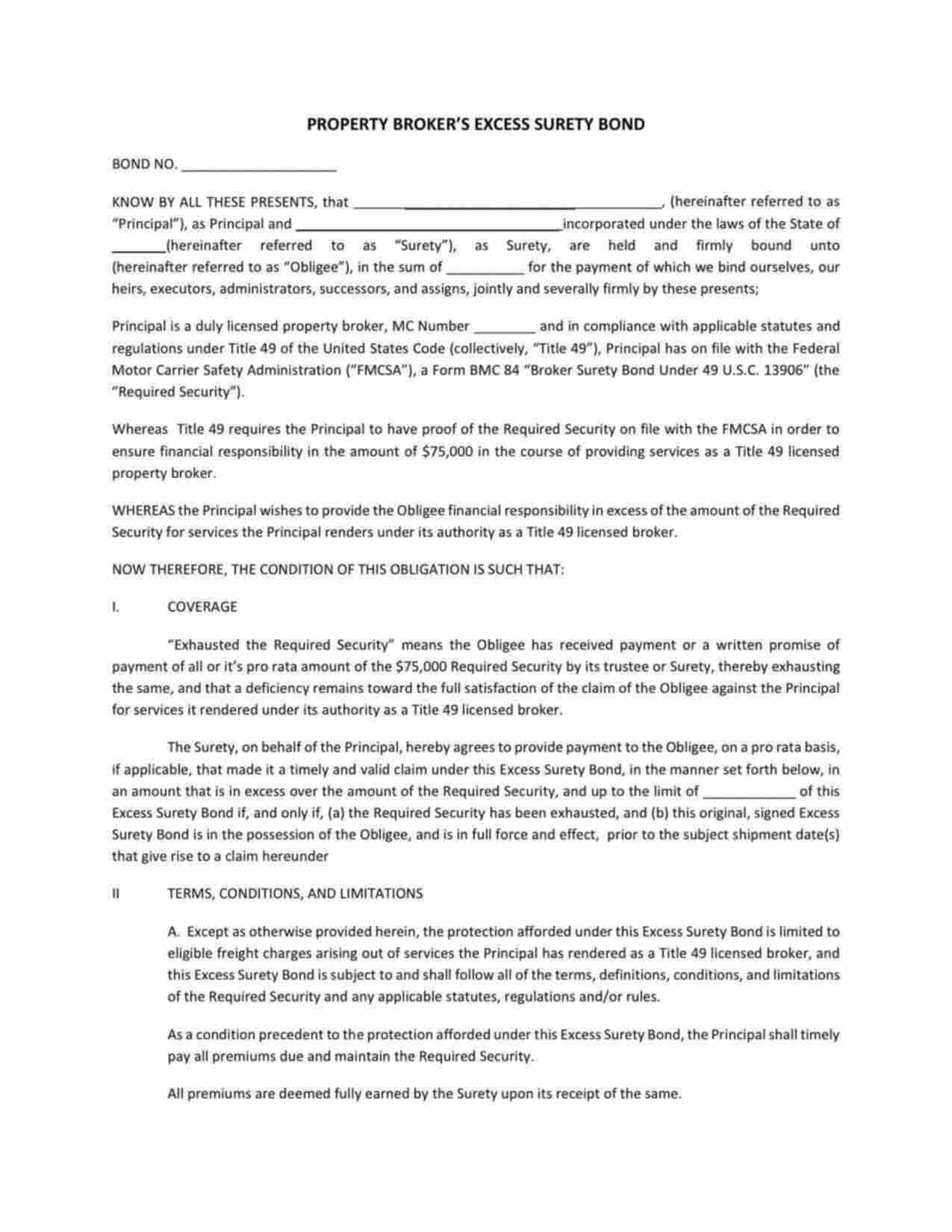 Federal Property Broker (Excess Coverage Bond) Bond Form