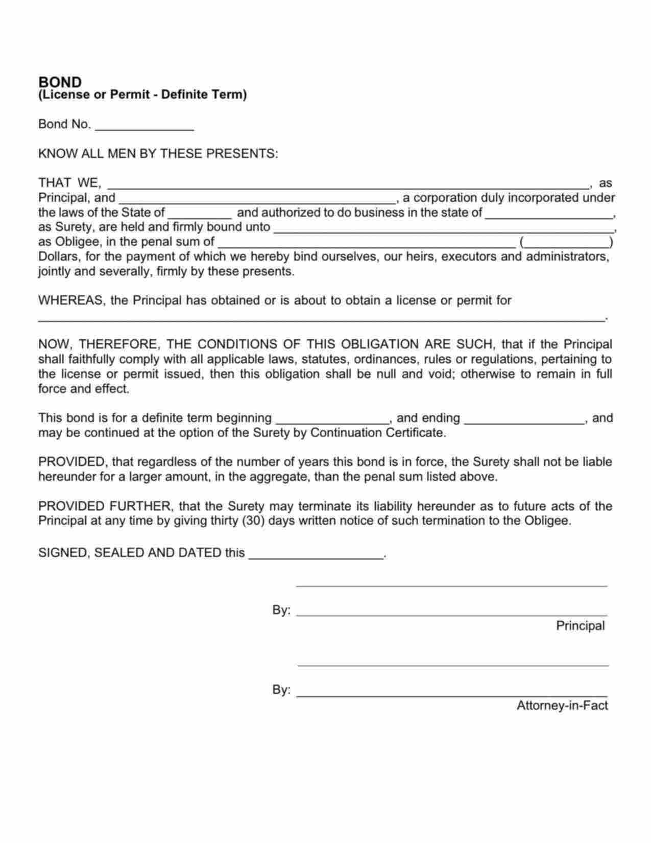 Indiana License/Permit Bond Form