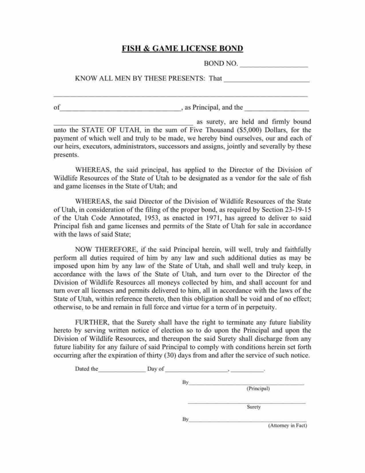 Utah Fish & Game License Bond Form