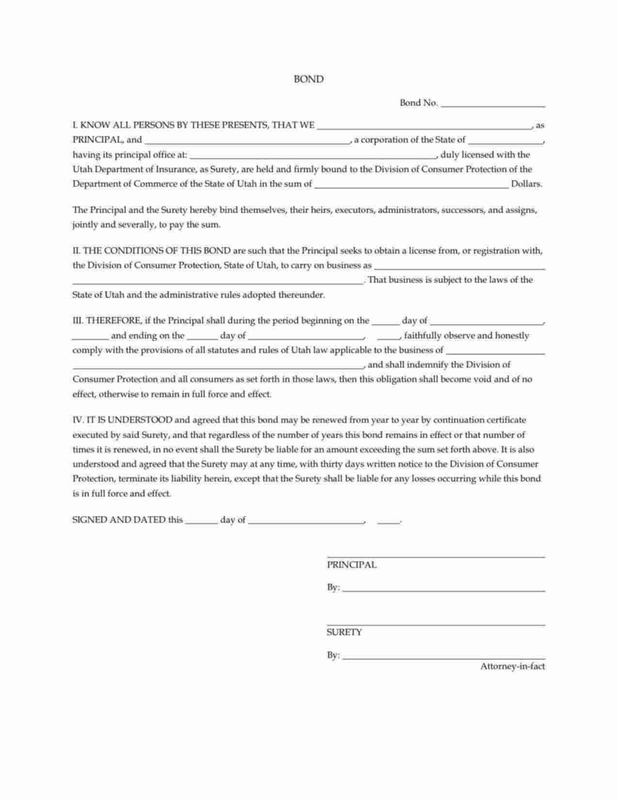 Utah Proprietary School Bond Form