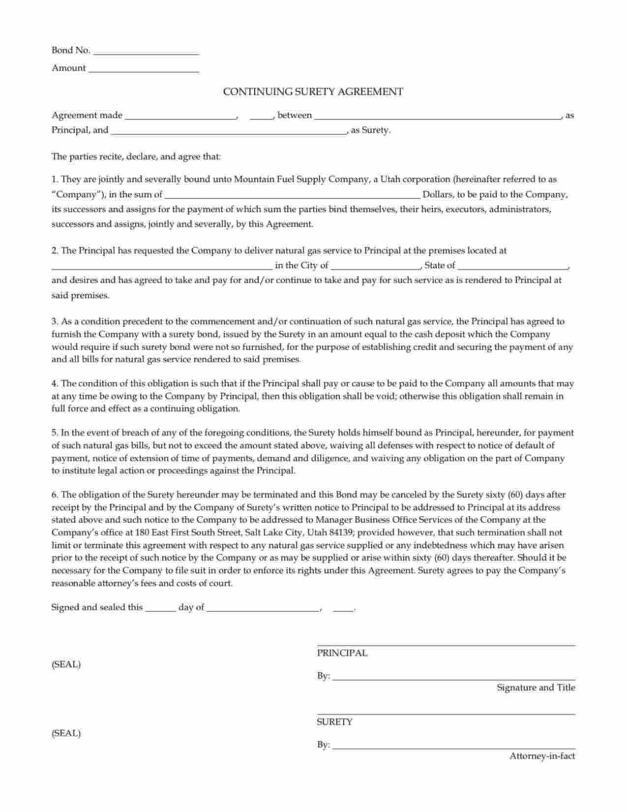 Utah Utility Deposit Bond Form