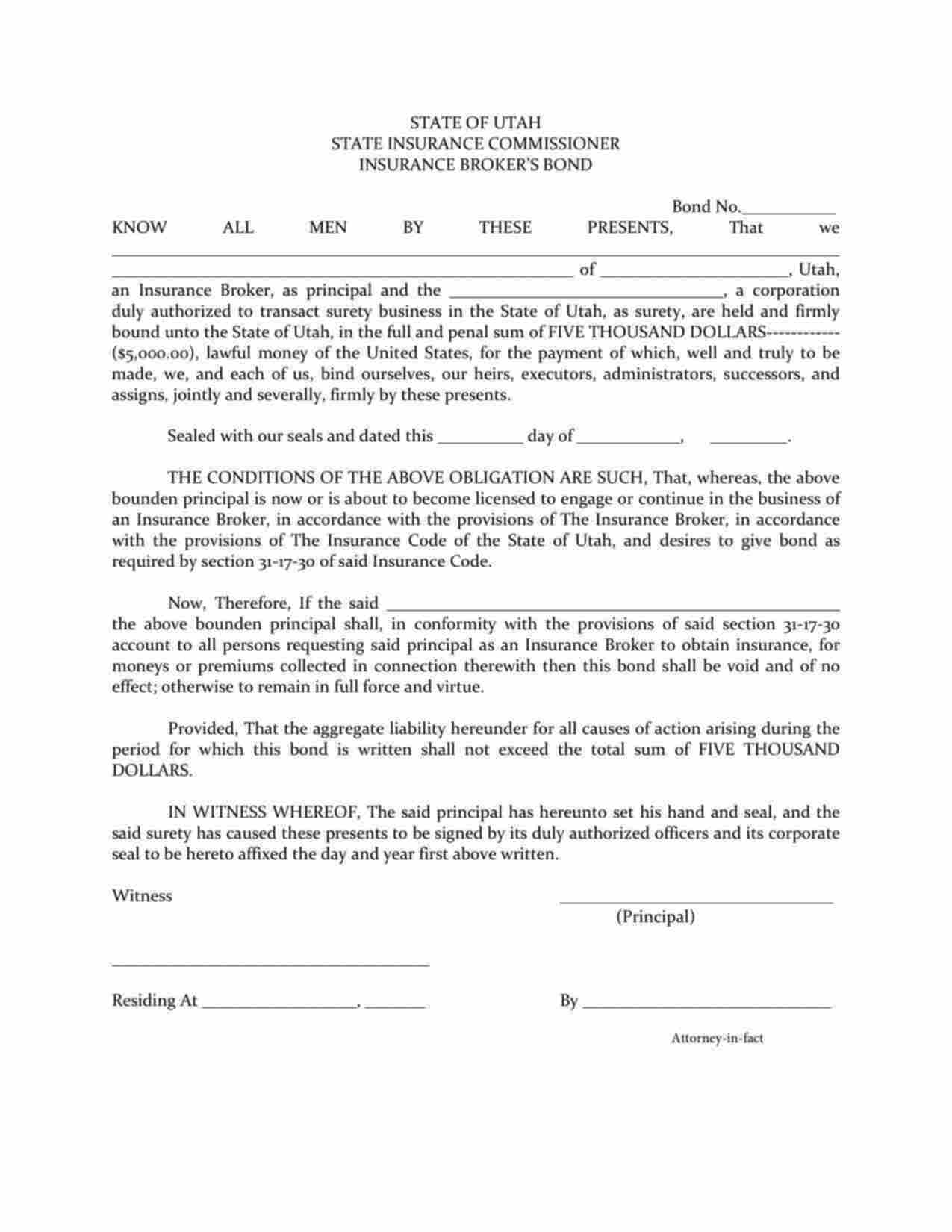 Utah Insurance Broker Bond Form