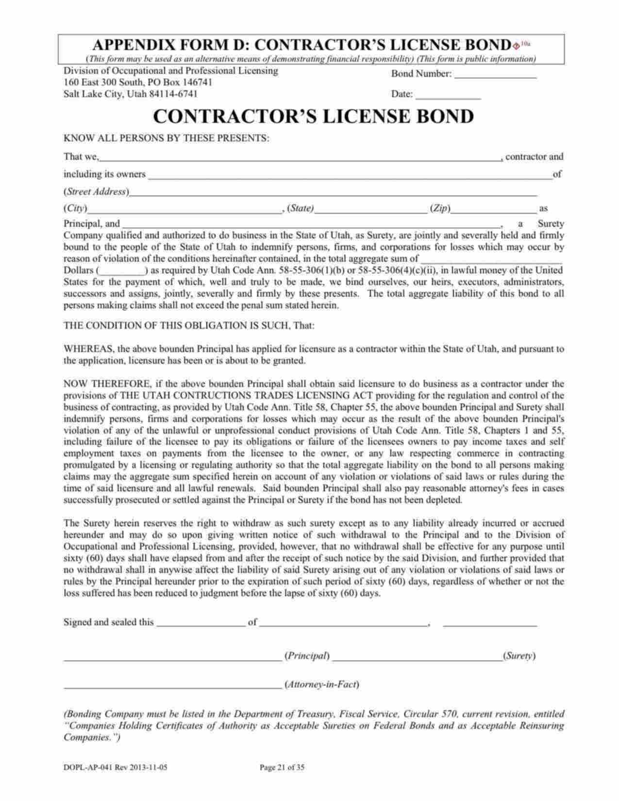 Utah Contractor's License Bond Form