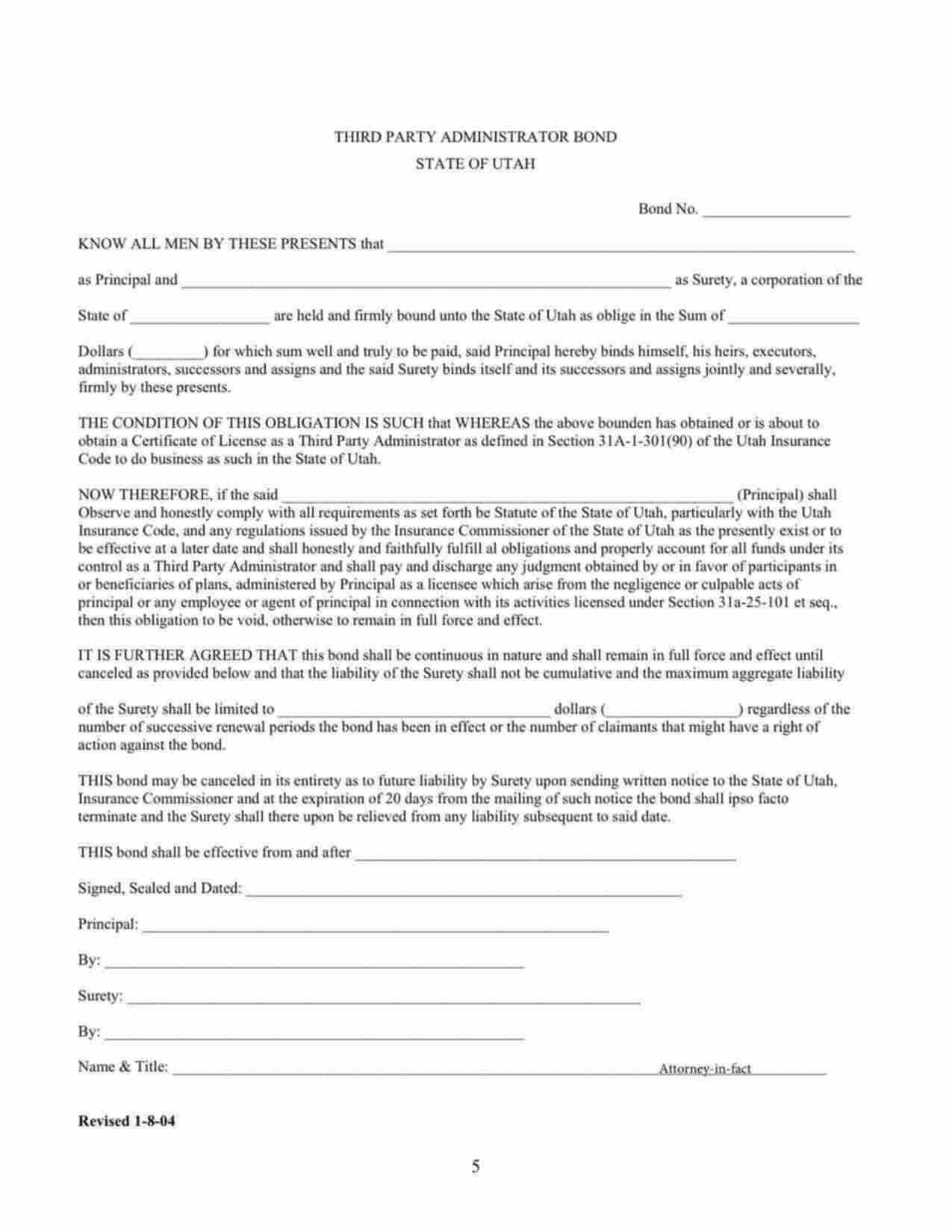 Utah Third Party Administrator Bond Form