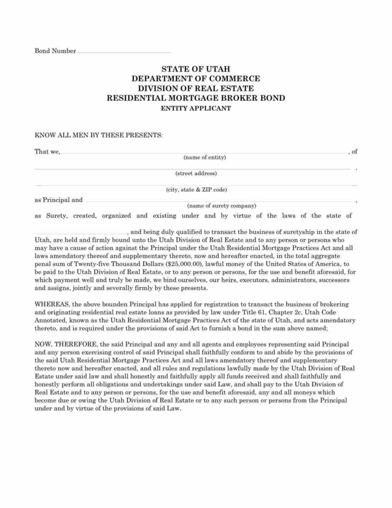 Utah Mortgage Loan Originator Bond Form