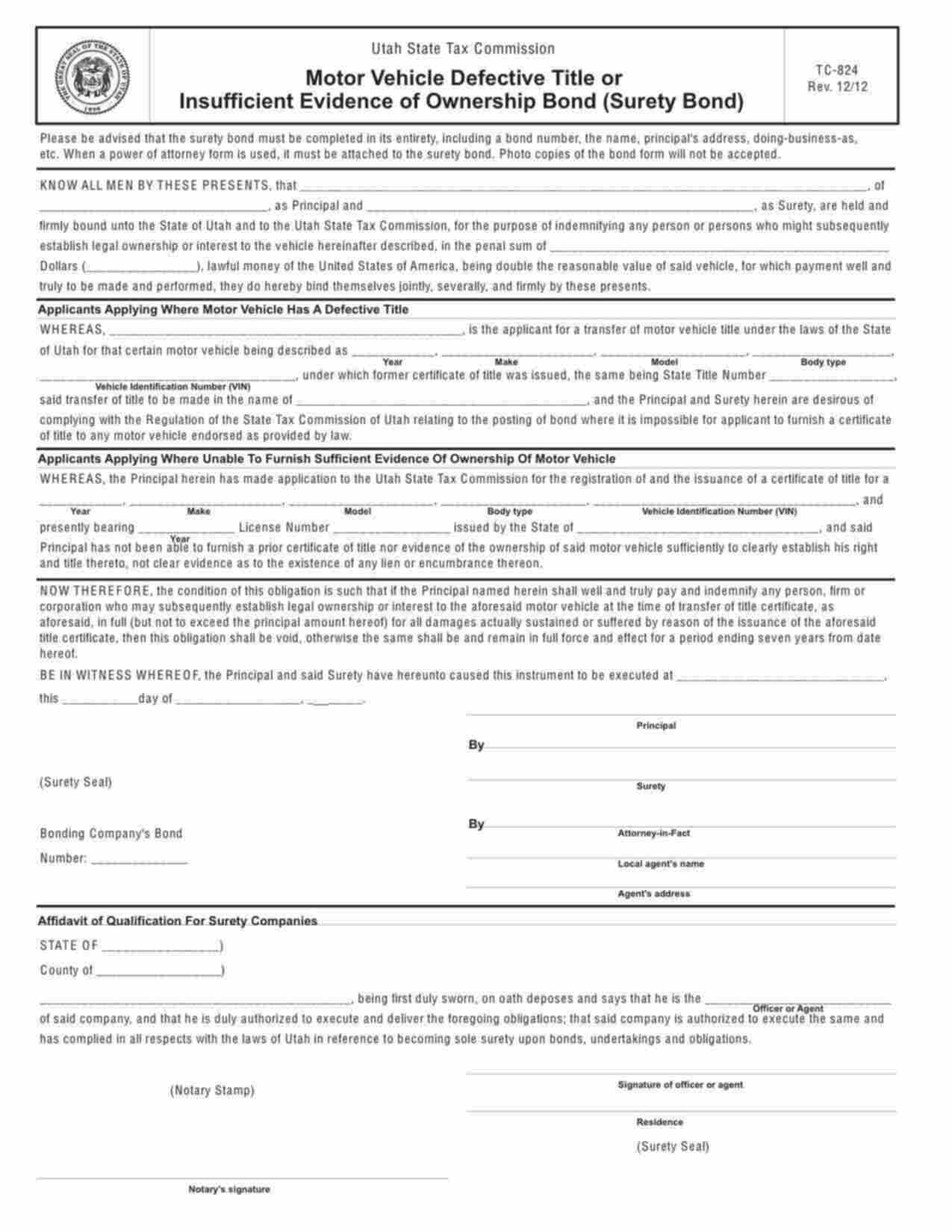 Utah Motor Vehicle Defective Title Bond Form