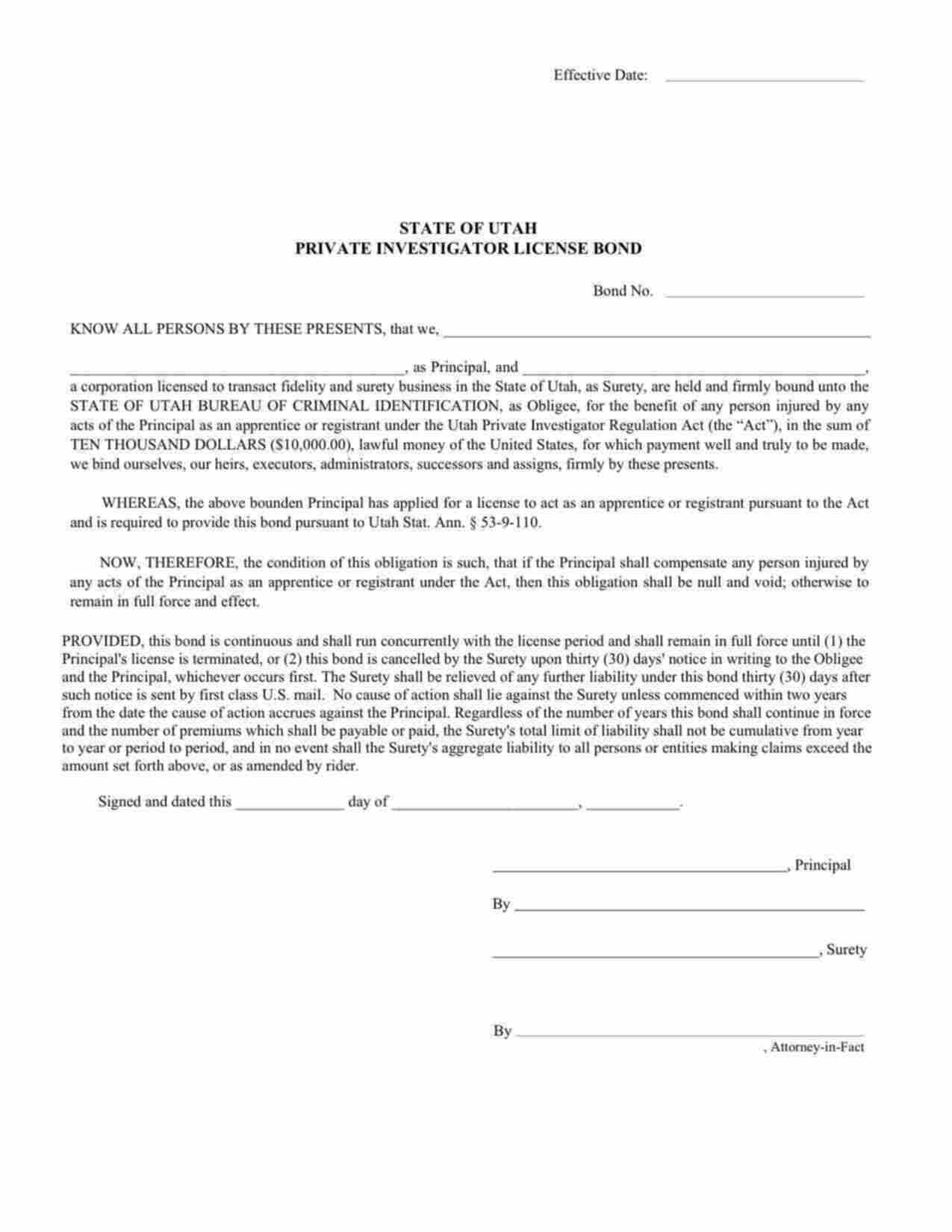 Utah Private Investigator License Bond Form