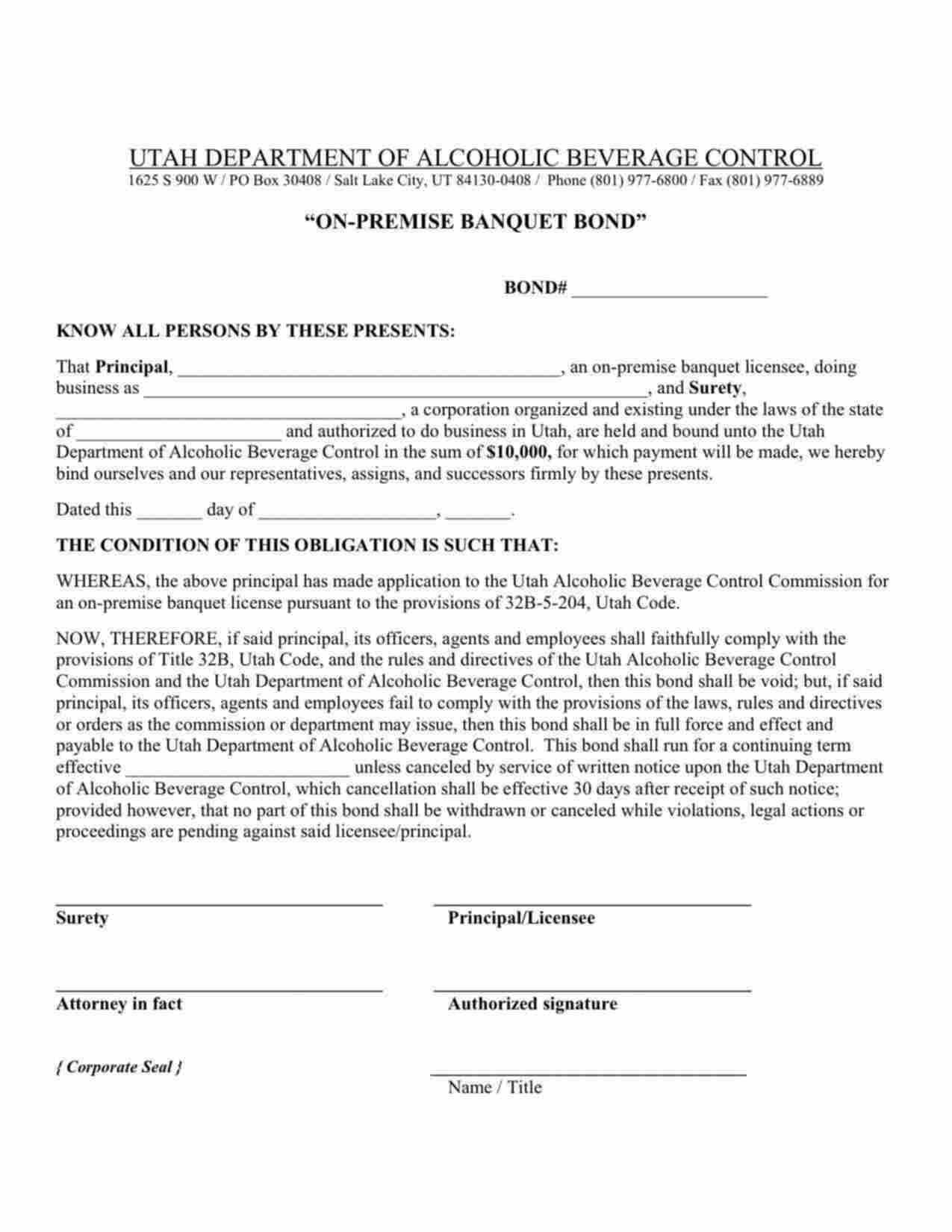 Utah On-Premise Banquet Bond Form