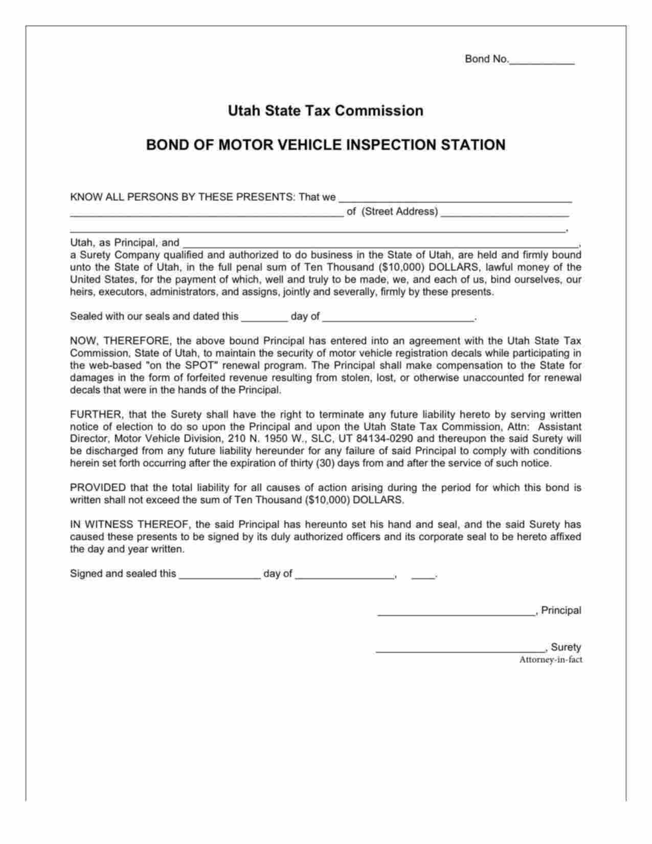 Utah Motor Vehicle Inspection Station "on the SPOT" Renewal Program Bond Form