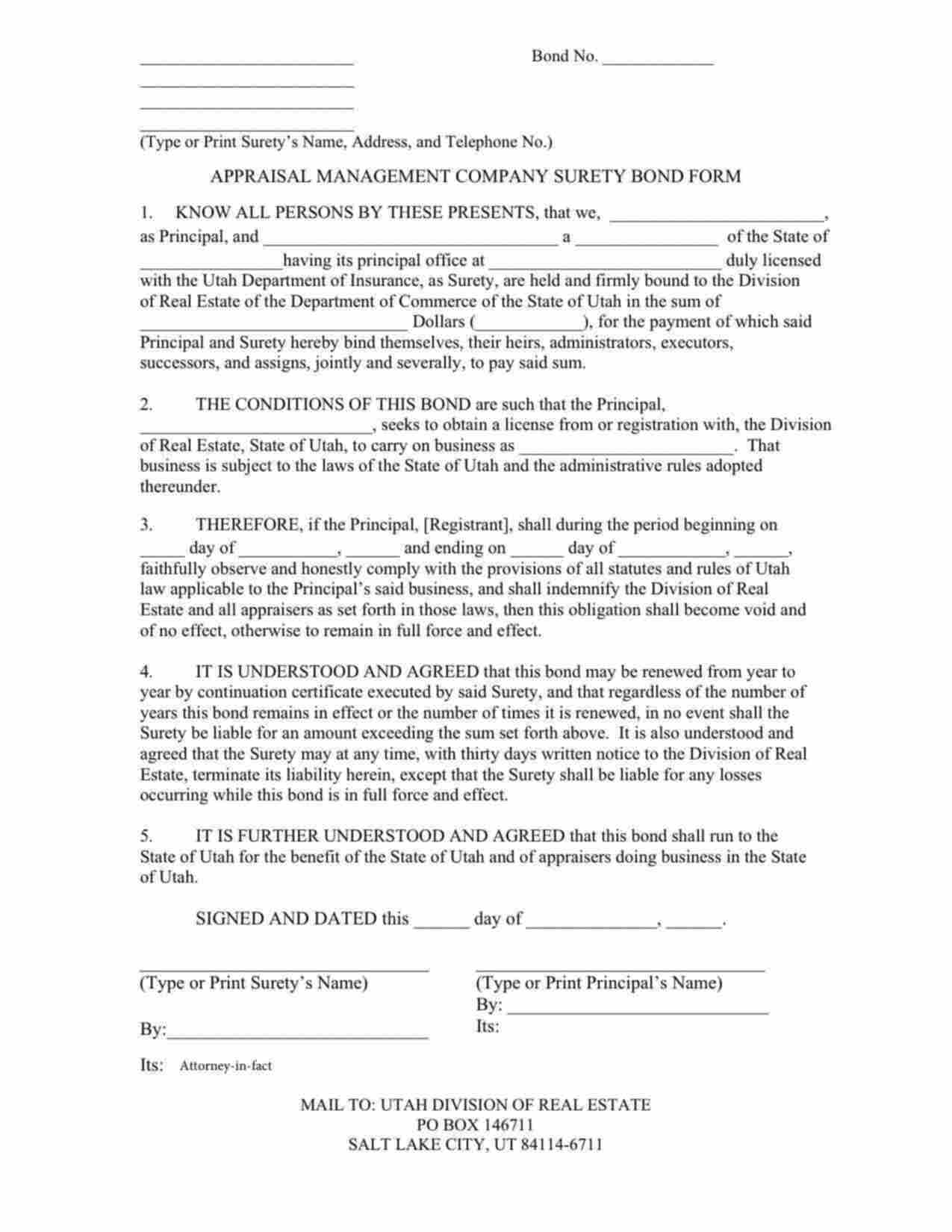 Utah Appraisal Management Company Bond Form