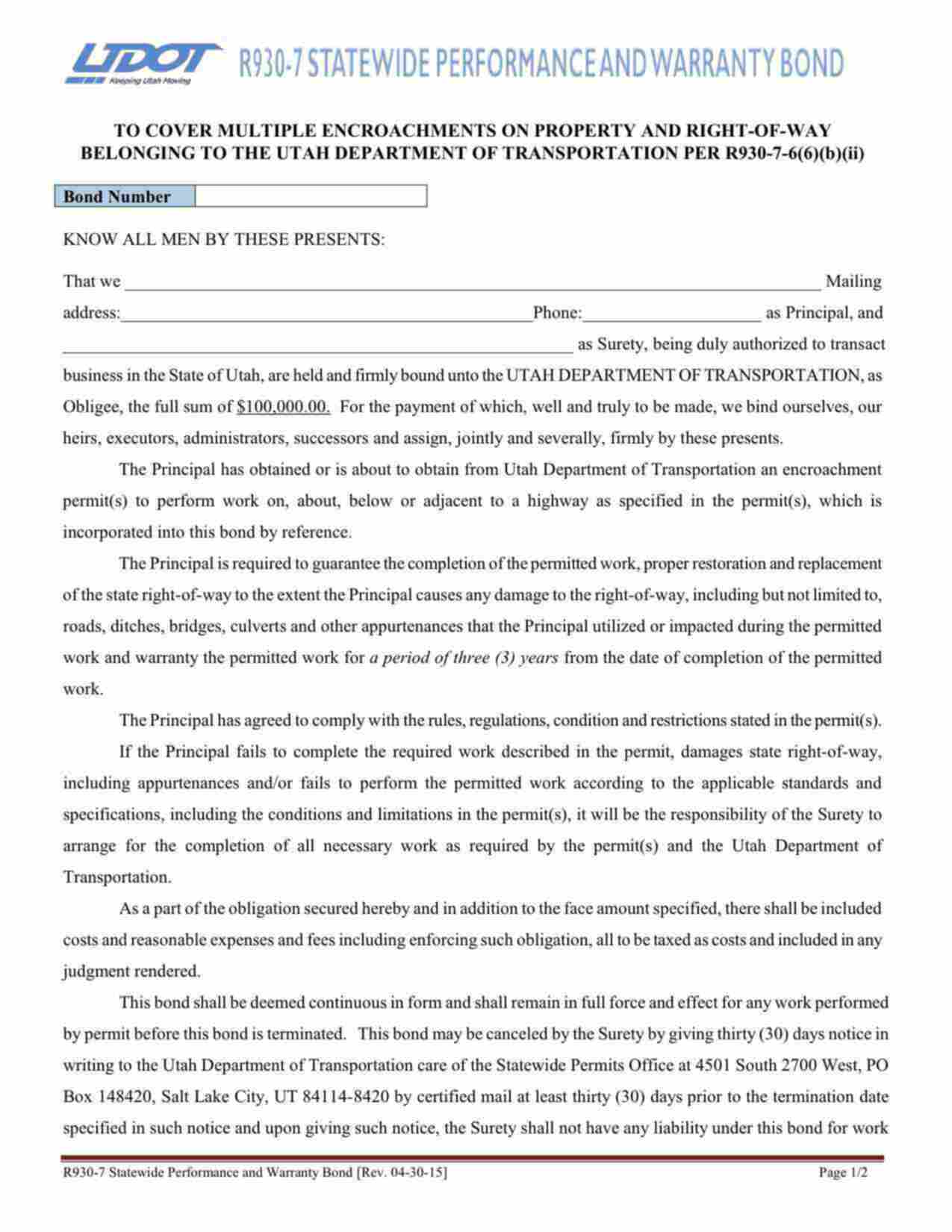 Utah Multiple Encroachments on Property and Right-of-Way (R930-7) Bond Form