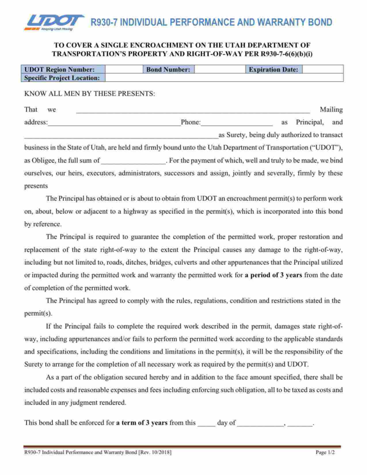 Utah Single Encroachment on Property and Right-of-Way (R930-7) Bond Form