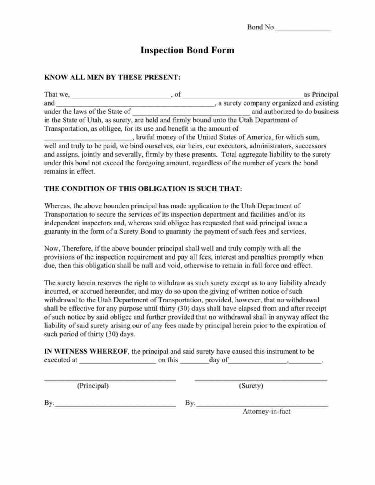 Utah Inspection Fees and Services Bond Form