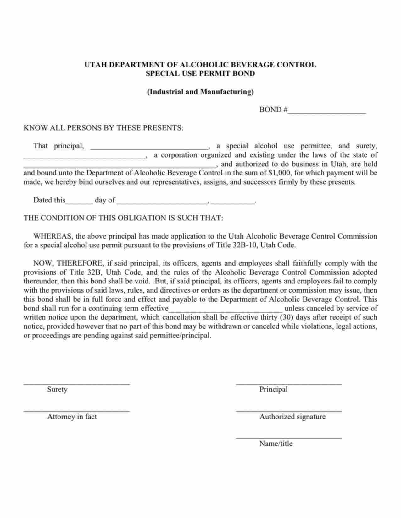 Utah Industrial and Manufacturing Alcohol (Special Use Permit) Bond Form