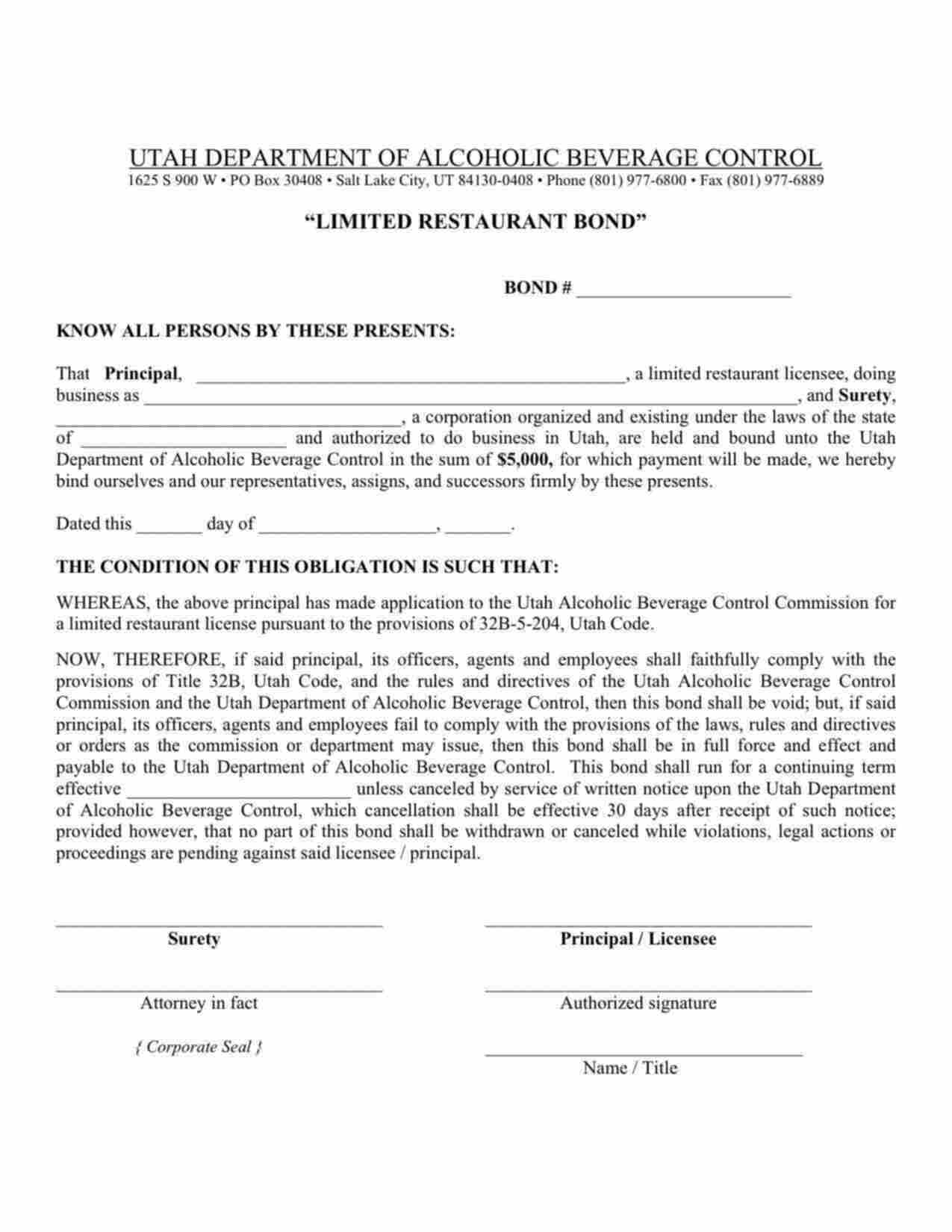 Utah Limited Restaurant Bond Form