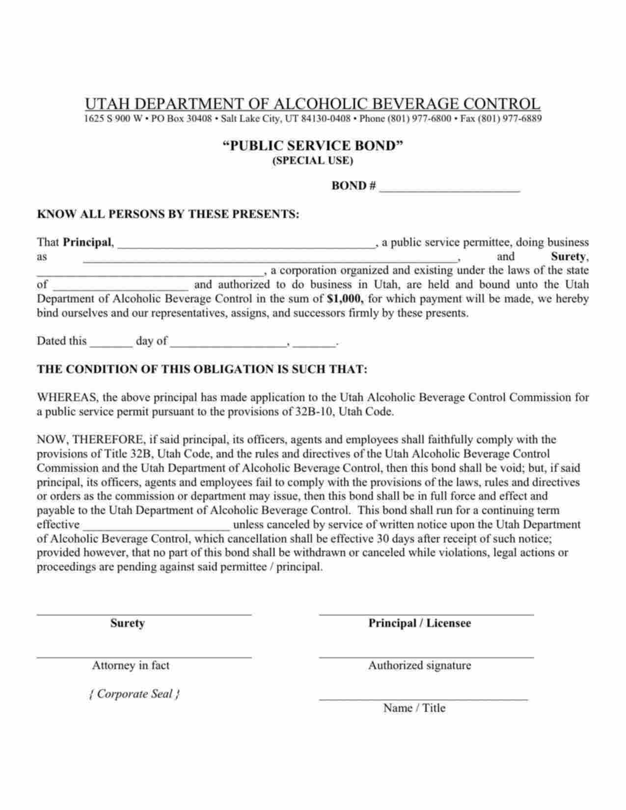 Utah Public Service Permit (Special Use) Bond Form