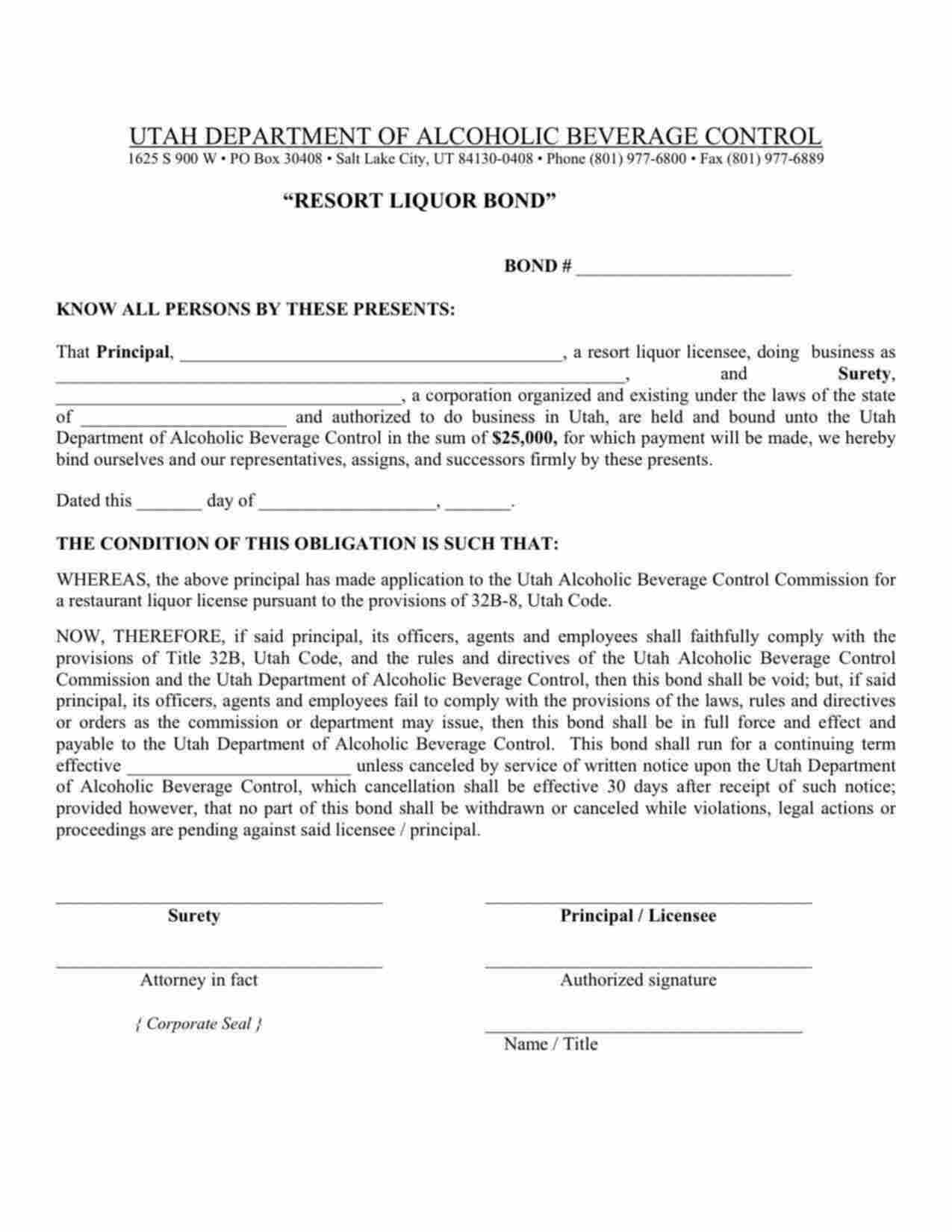 Utah Resort Liquor Bond Form