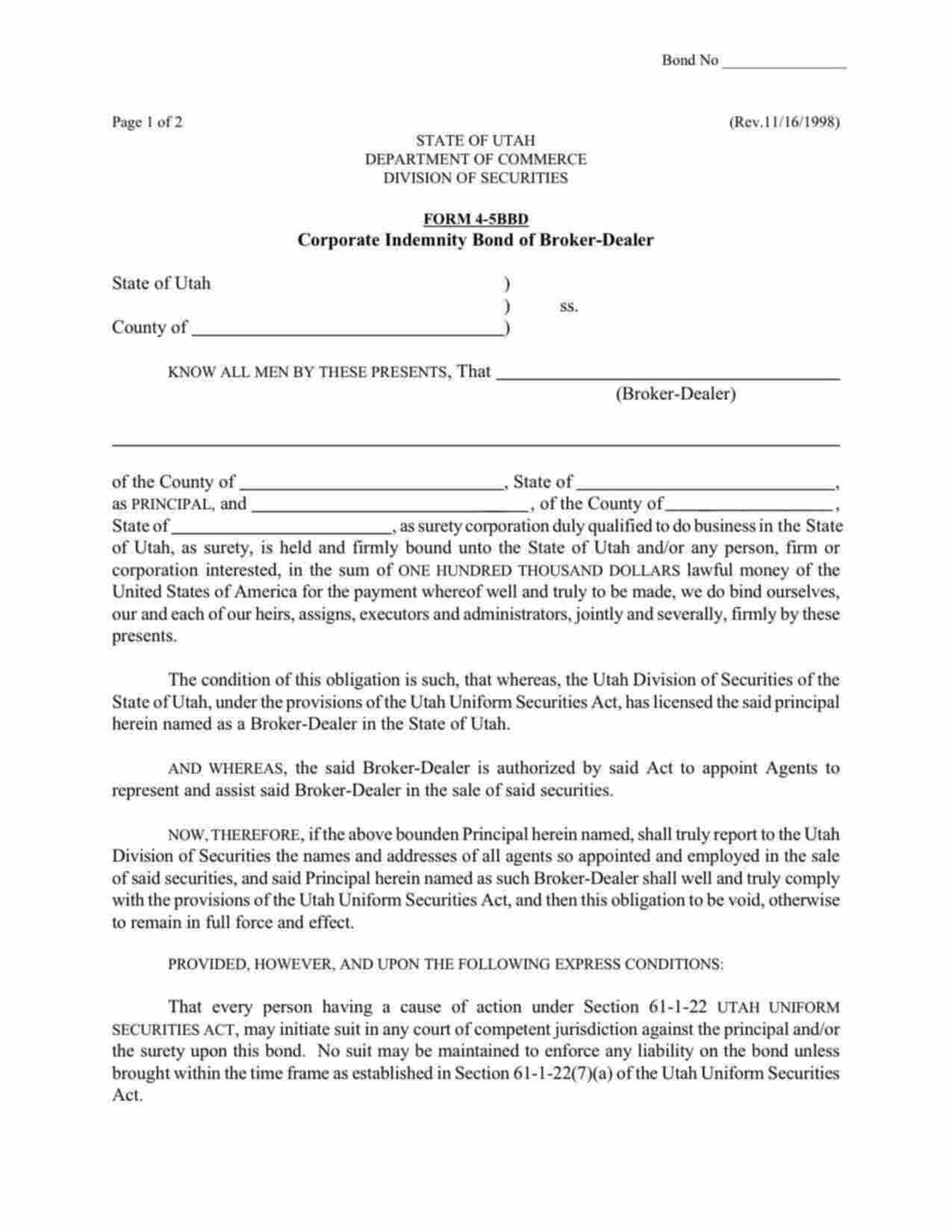 Utah Securities Broker-Dealer (Broker/Dealer) Bond Form