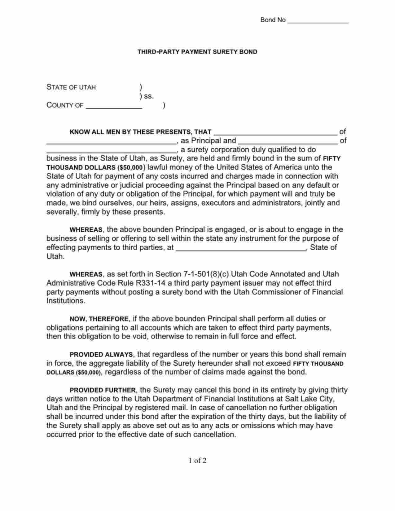 Utah Money Transmitter License Bond Form