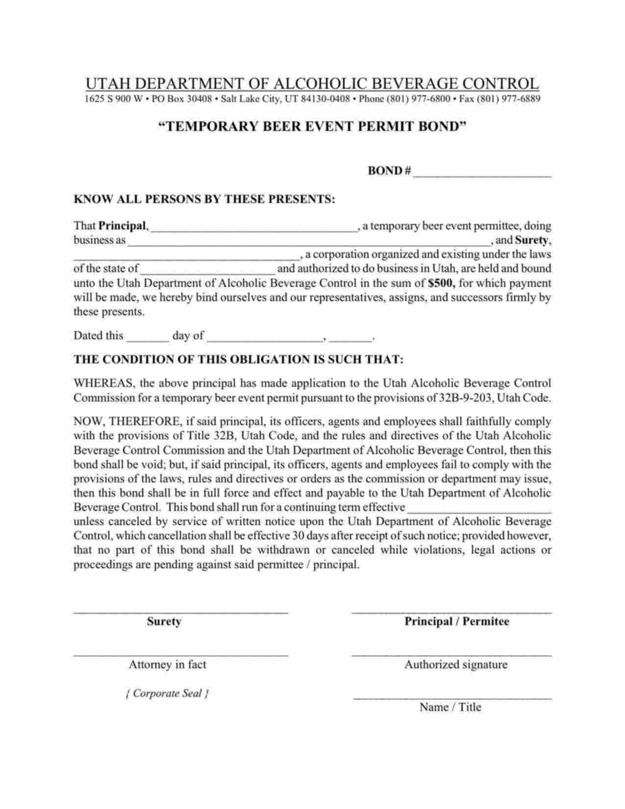 Utah Temporary Beer Event Permit Bond Form