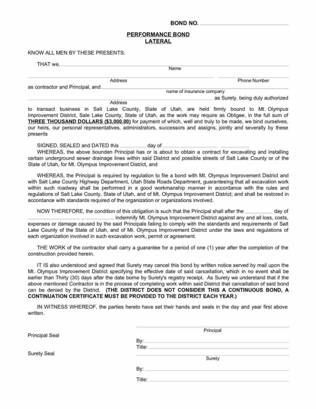 Utah Excavation (Performance Bond Lateral) Bond Form