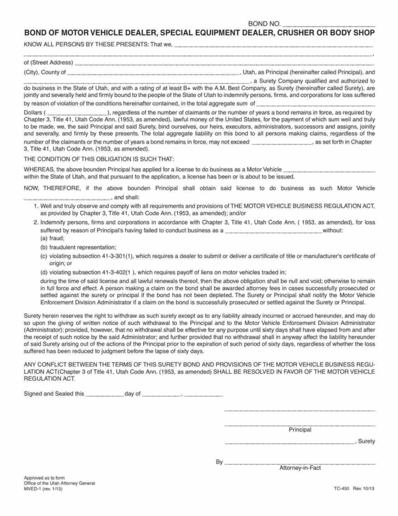 Utah Motor Vehicle Special Equipment Dealer Bond Form