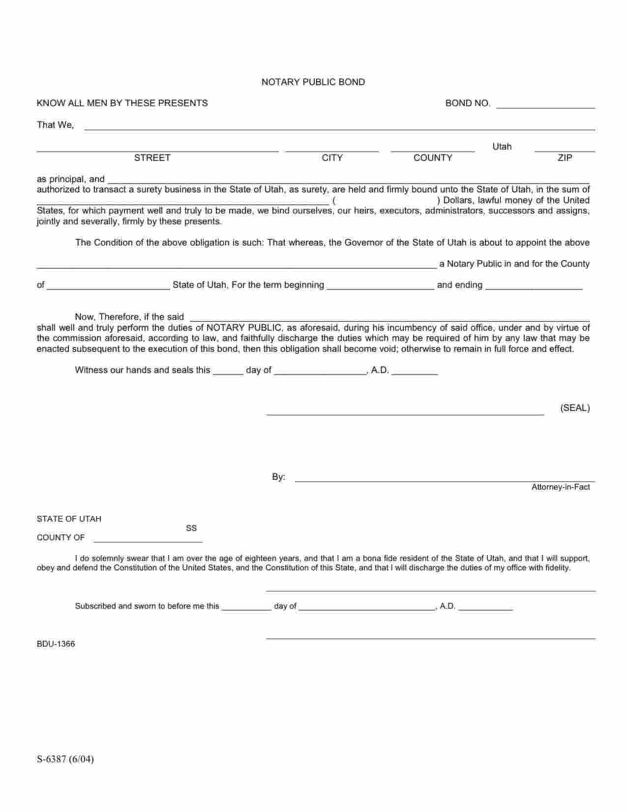 Utah Remote Notary Public Bond Form