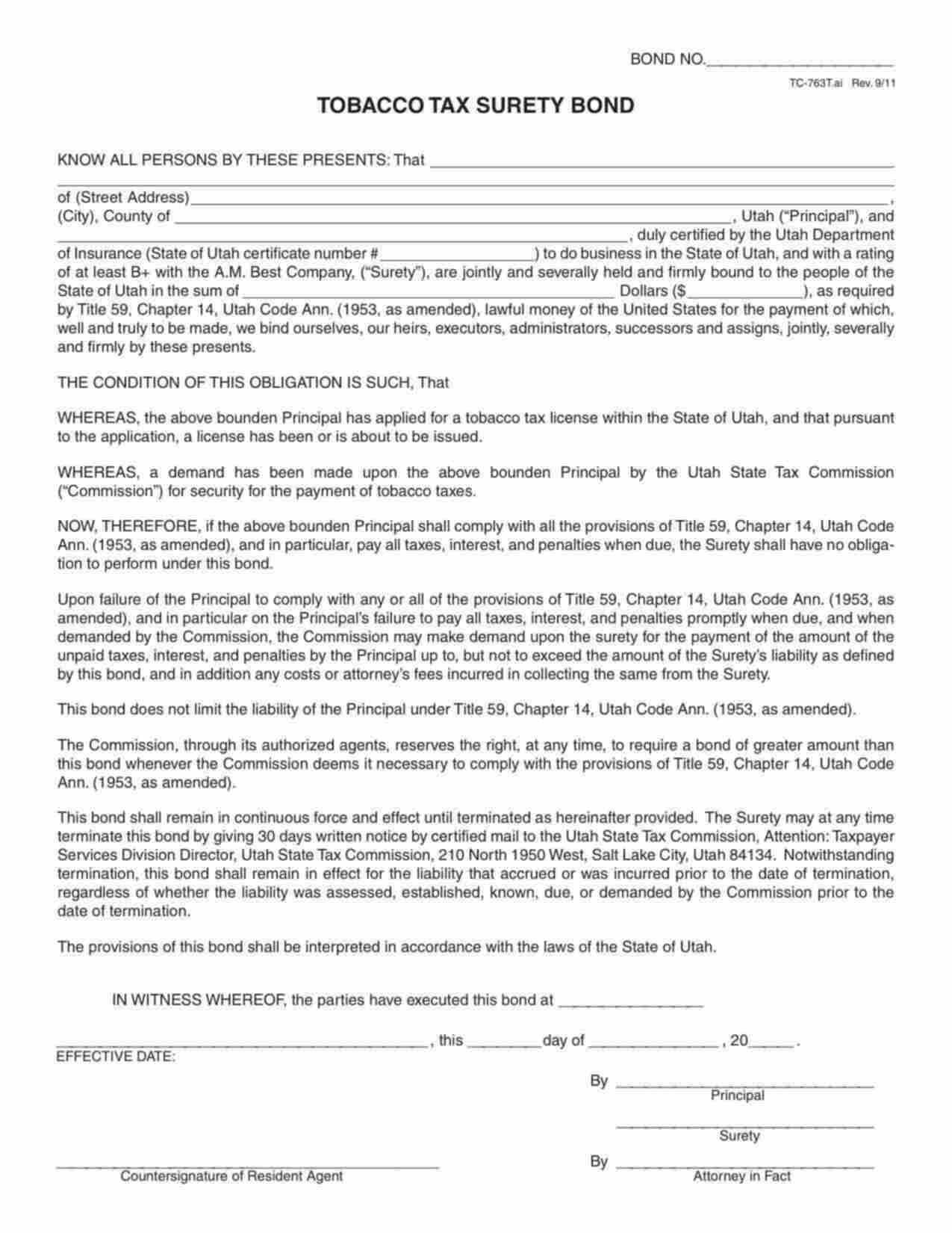 Utah Tobacco Tax Bond Form