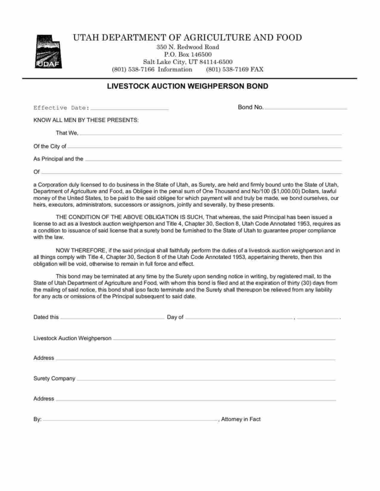 Utah Livestock Auction Weighperson Bond Form