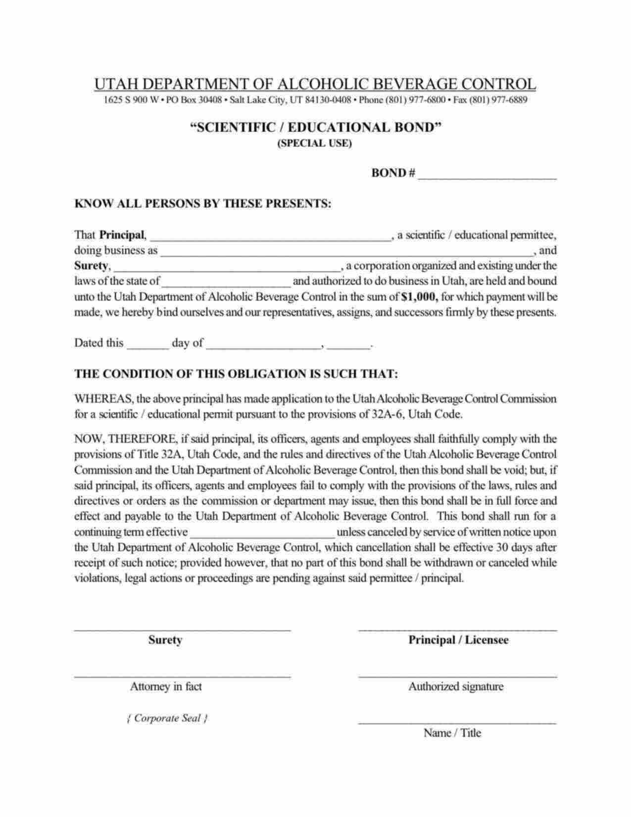 Utah Scientific / Educational (Special Use) Bond Form