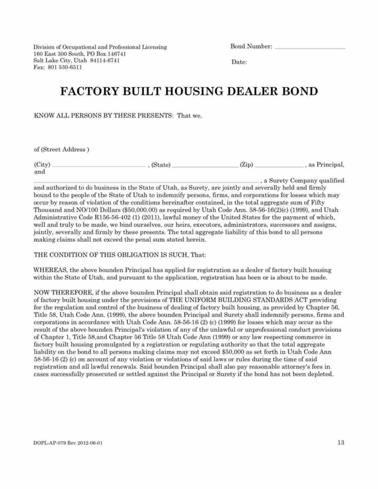 Utah Factory Built Housing Dealer Bond Form