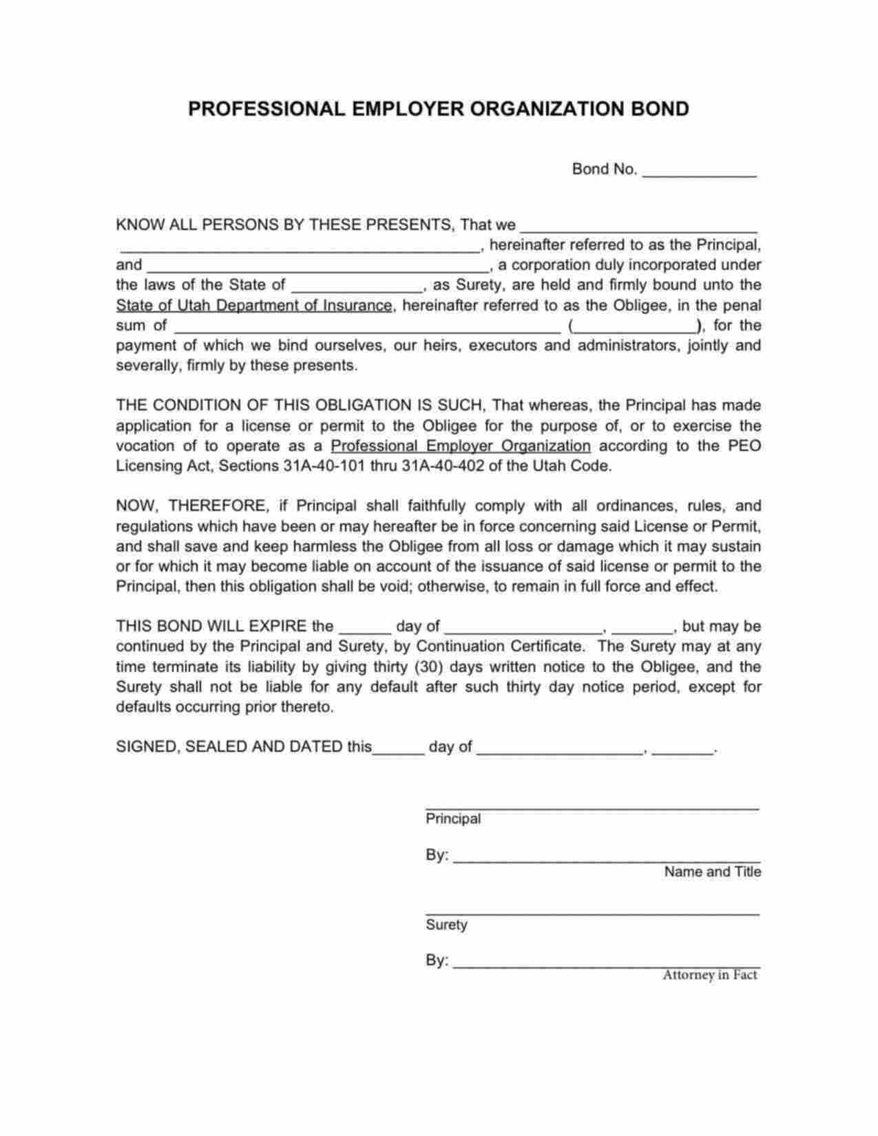 Utah Professional Employer Organization Bond Form