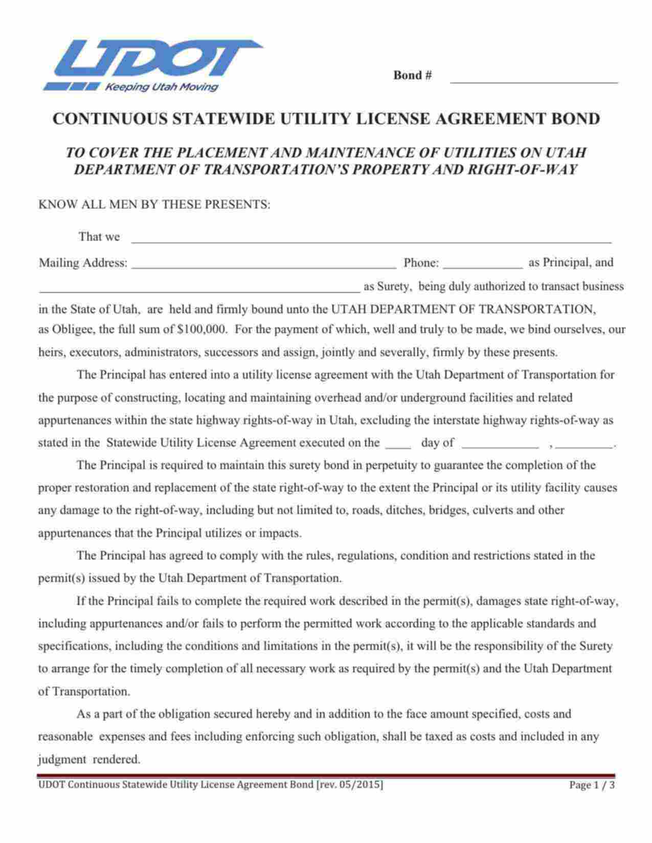 Utah Continous Statewide Utiltity License Agreement Bond Form