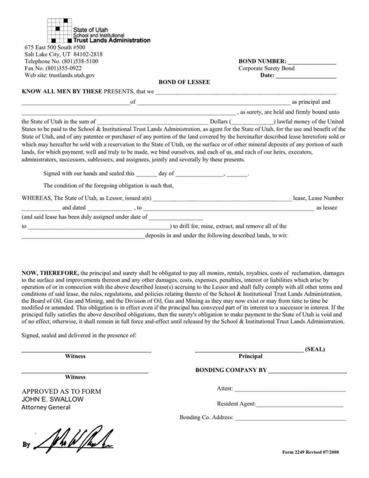 Utah Mineral Lease (Bond of Lessee) Bond Form