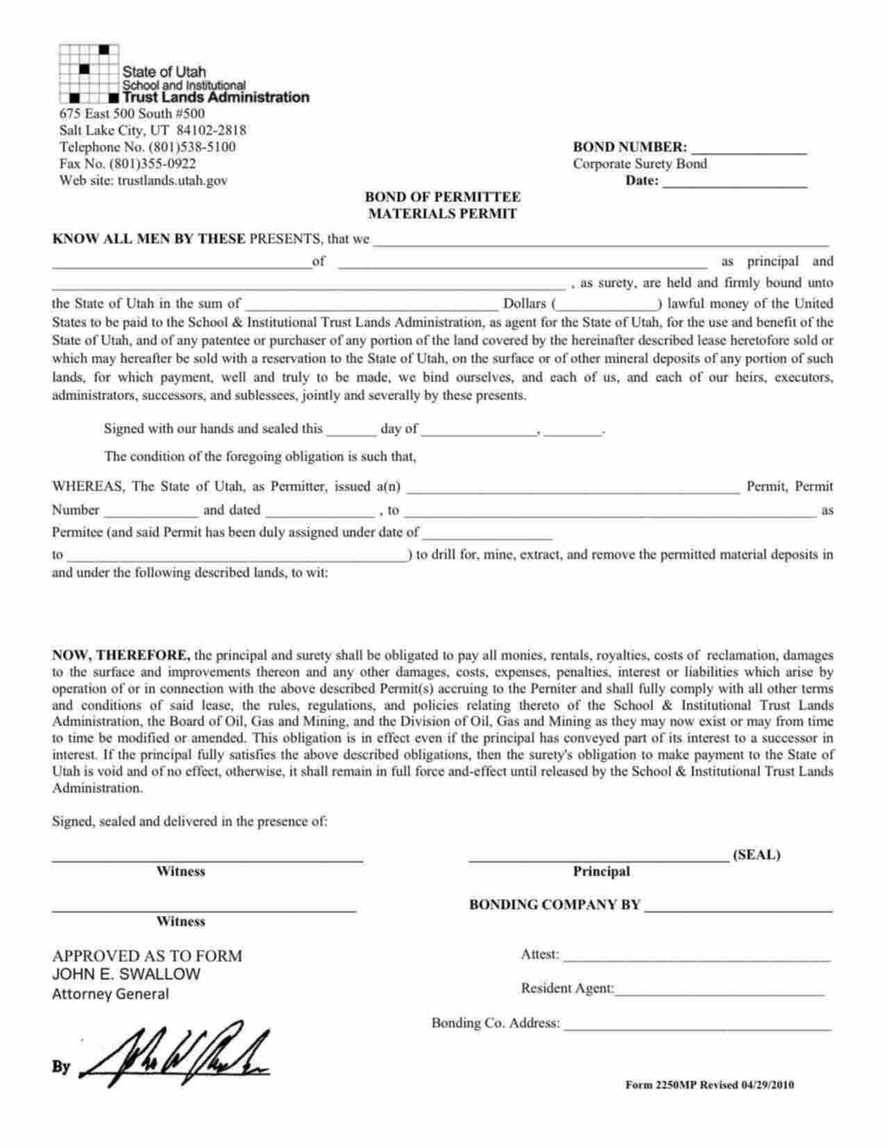 Utah Mineral Lease (Bond of Permittee) Bond Form