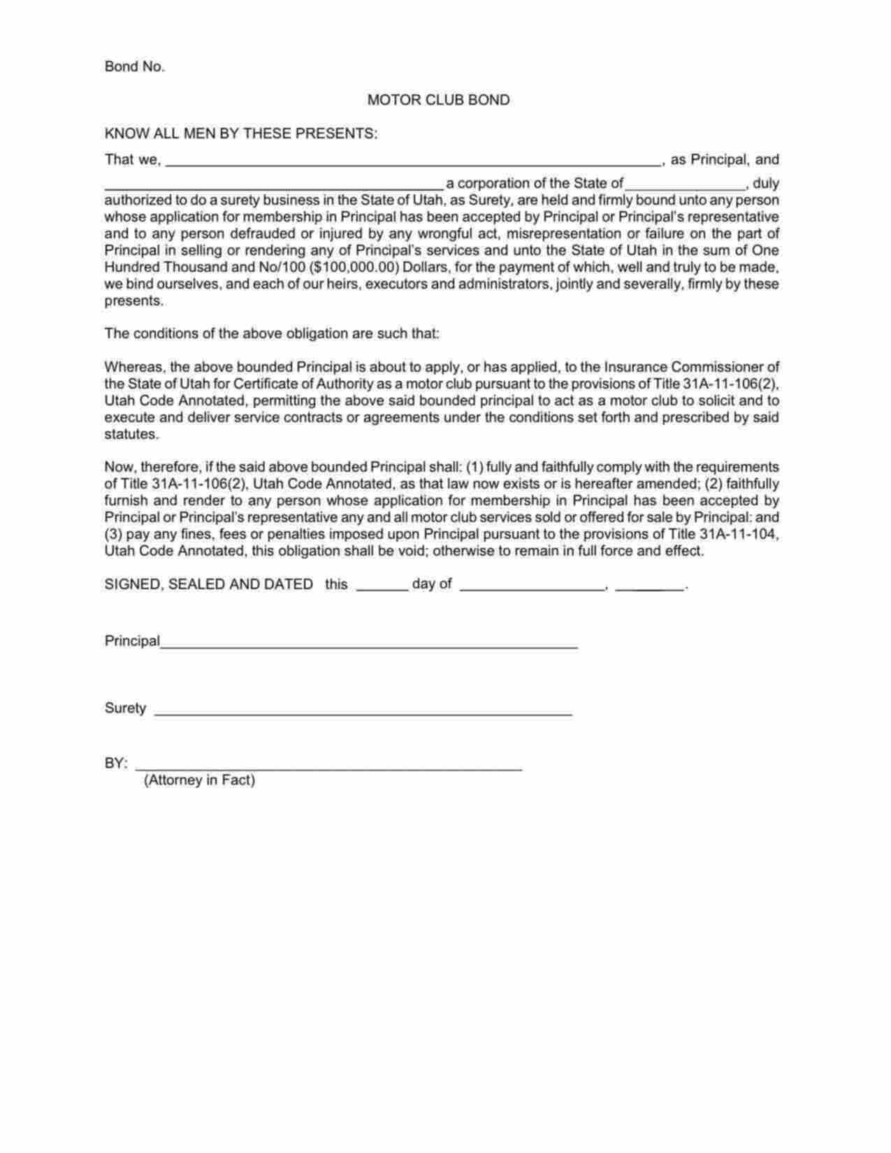 Utah Motor Club Bond Form