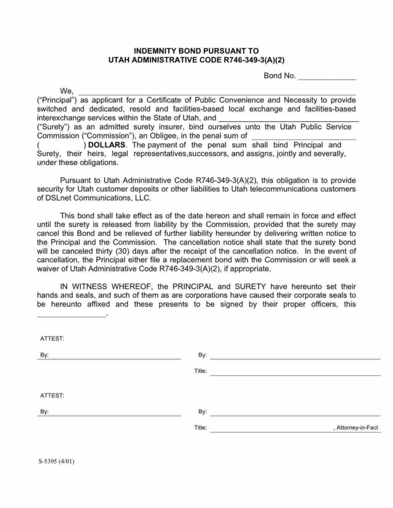 Utah Telecommunication Service Provider Indemnity Bond Form