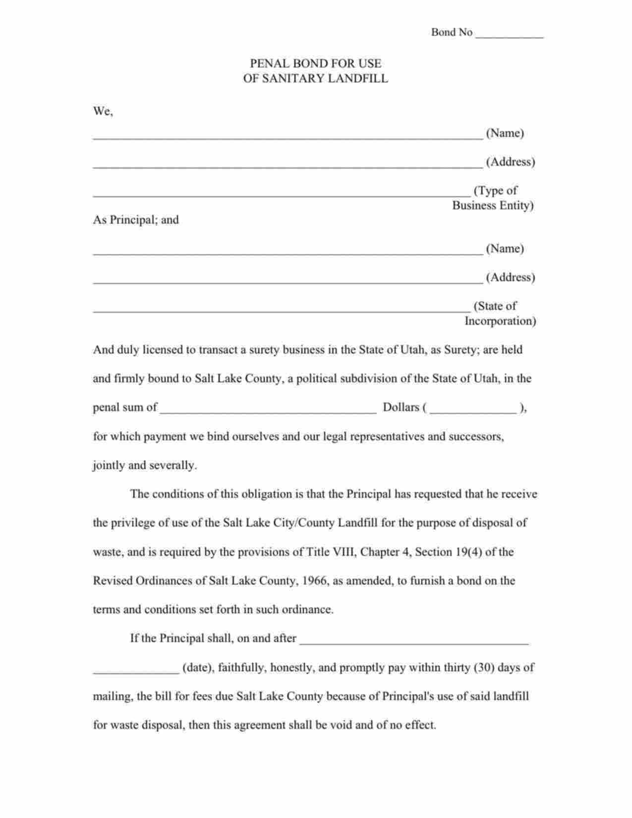 Utah Use of Sanitary Landfill Bond Form