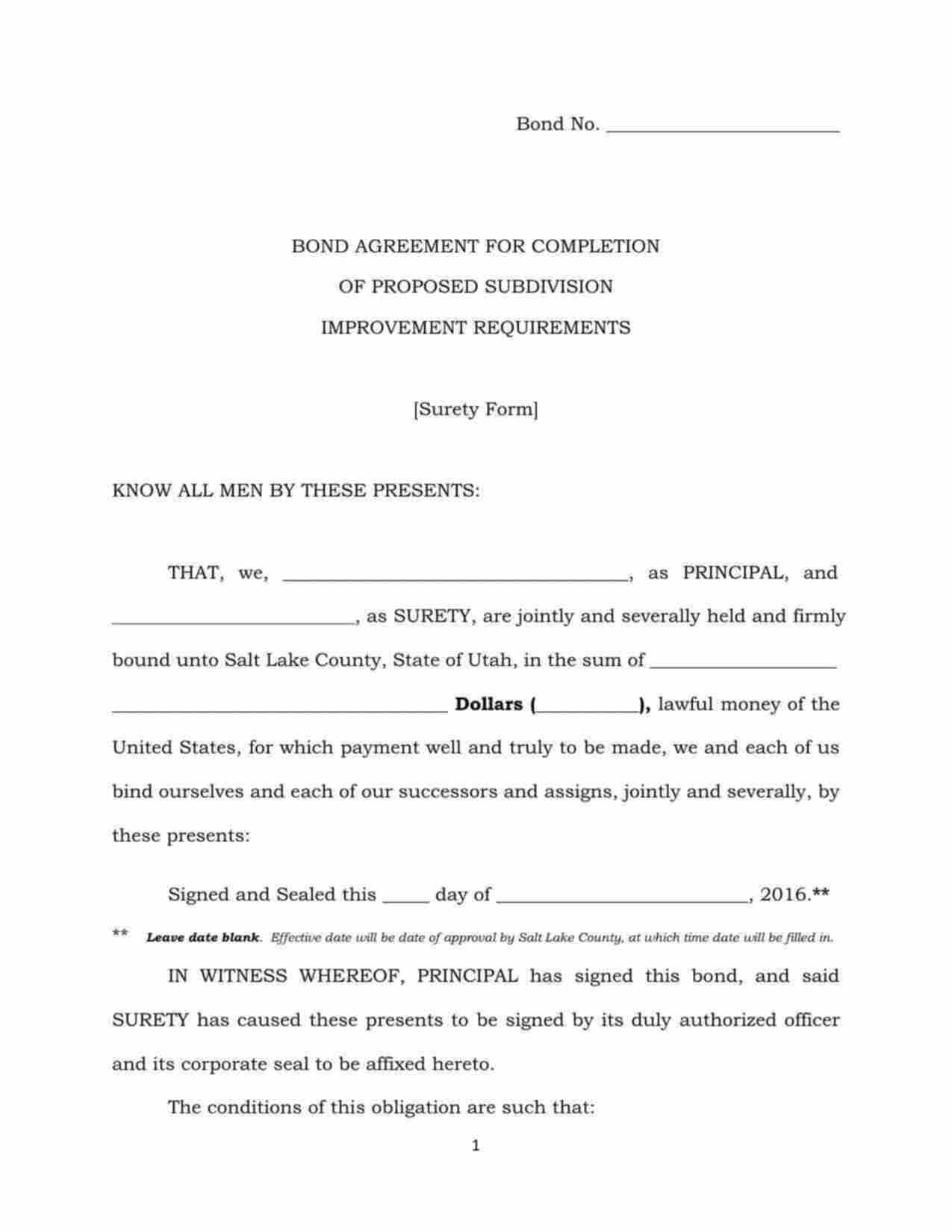 Utah Subdivision Improvement Completion Bond Form