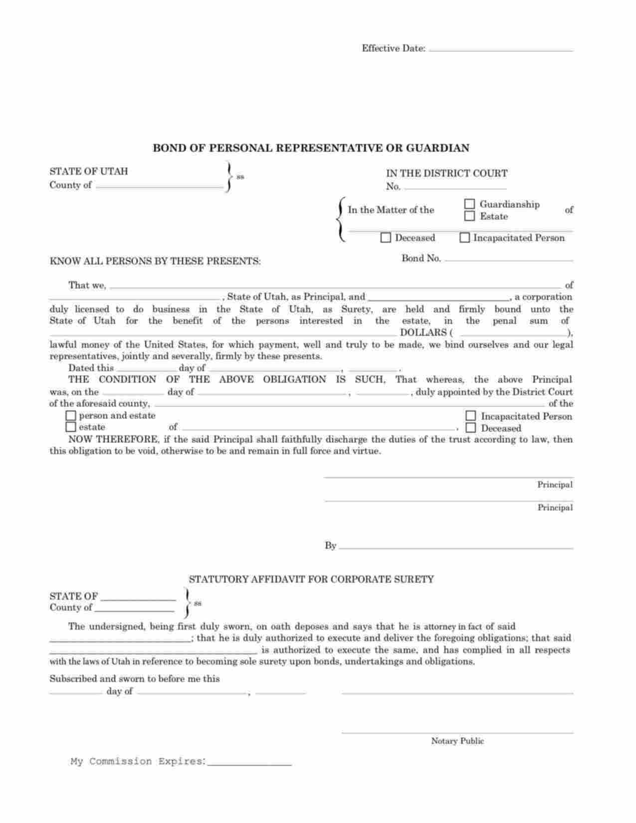 Utah Personal Representative Bond Form