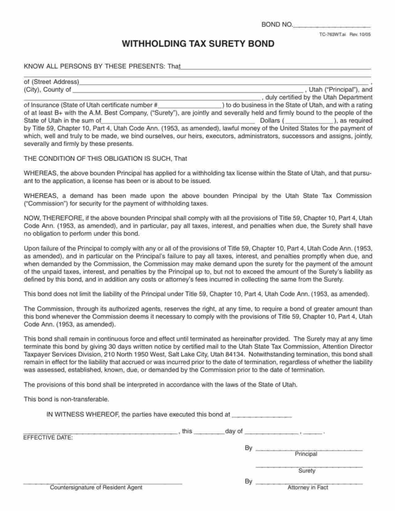 Utah Withholding Tax Bond Form