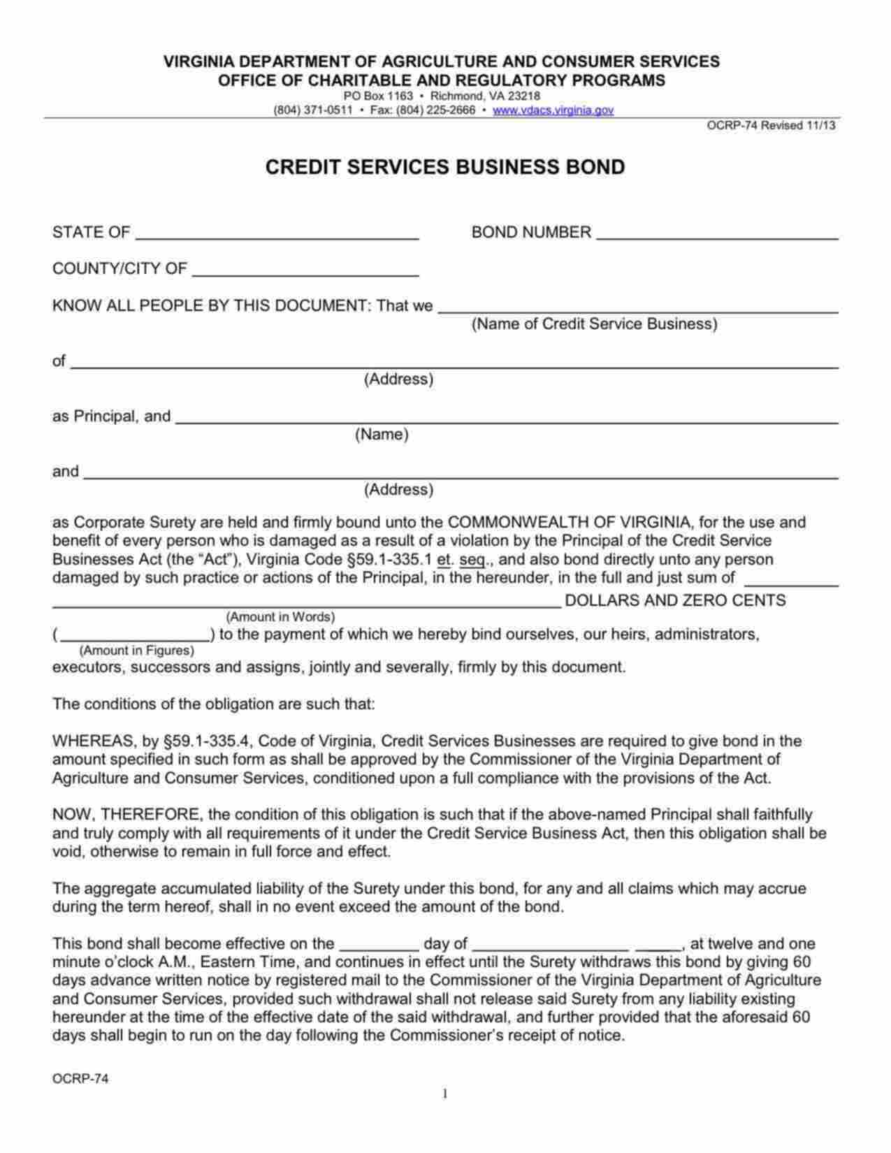Virginia Credit Services Business Bond Form