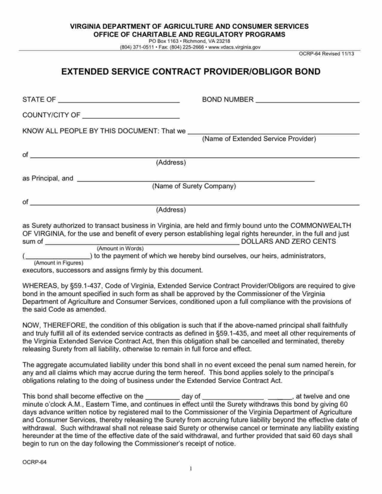 Virginia Extended Service Contract Provider Bond Form